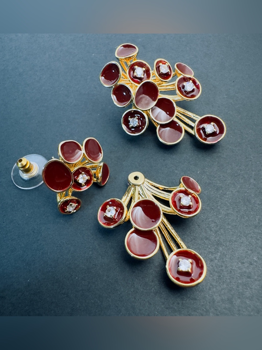 Gold-Tone Red Cluster Statement Earrings - Picture 5 of 6